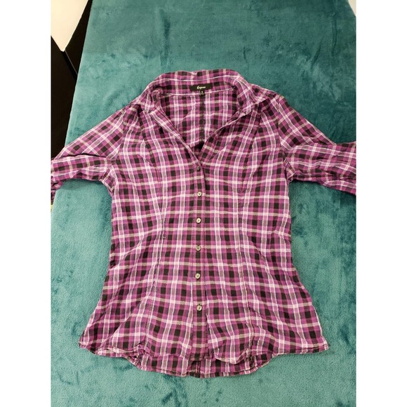 Express Womens Purple/Pink Plaid Rolled Tab Sleeves Size Small Metallic Accent - Picture 2 of 8
